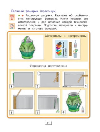 31
Ёлочный фонарик (практикум)
Рассмотри рисунки. Расскажи об особенно-
стях конструкции фонарика. Изучи порядок его
изготовления и дай название каждой технологи-
ческой операции. Подготовь материалы и инстру-
менты и изготовь фонарик.
Технология изготовления
2см
1 см
Материалы и инструменты
1 2
4 5 6
3
 
