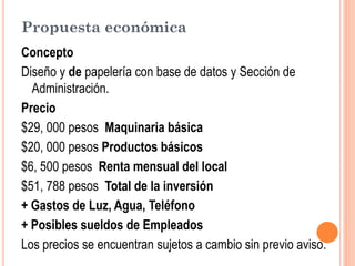 Propuesta económica
Concepto
Diseño y de papelería con base de datos y Sección de
  Administración.
Precio
$29, 000 pesos Maquinaria básica
$20, 000 pesos Productos básicos
$6, 500 pesos Renta mensual del local
$51, 788 pesos Total de la inversión
+ Gastos de Luz, Agua, Teléfono
+ Posibles sueldos de Empleados
Los precios se encuentran sujetos a cambio sin previo aviso.
 