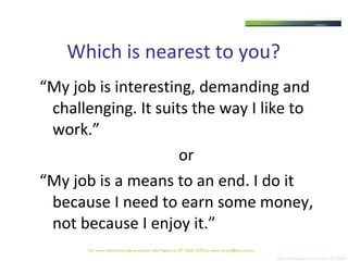 Which is nearest to you? “ My job is interesting, demanding and challenging. It suits the way I like to work.” or “ My job is a means to an end. I do it because I need to earn some money, not because I enjoy it.” For  more information please contact Julie Pigdon on 07 3368 2333 or email access@tms.com.au 
