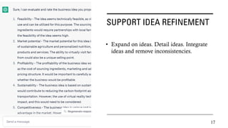 SUPPORT IDEA REFINEMENT
• Expand on ideas. Detail ideas. Integrate
ideas and remove inconsistencies.
17
 