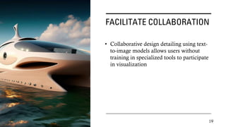 FACILITATE COLLABORATION
• Collaborative design detailing using text-
to-image models allows users without
training in specialized tools to participate
in visualization
19
 