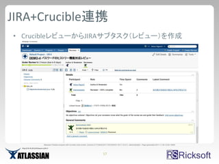 JIRA+Crucible連携
• CrucibleレビューからJIRAサブタスク（レビュー）を作成




                  17
 
