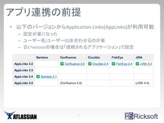 アプリ連携の前提
• 以下のバージョンからApplication Links(AppLinks)が利用可能
  – 設定が楽になった
  – ユーザー名(ユーザーID)を合わせるのが楽
  – 古いversionの場合は「信頼されるアプリケーション」で設定




                    5
 