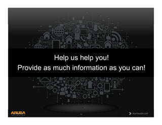 CONFIDENTIAL
© Copyright 2013. Aruba Networks, Inc.
All rights reserved 10 #airheadsconf#airheadsconf10
Help us help you!
Provide as much information as you can!
 