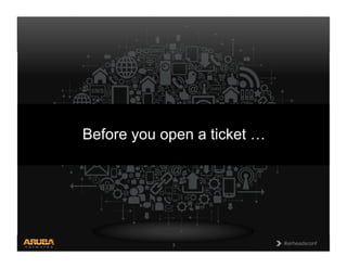 CONFIDENTIAL
© Copyright 2013. Aruba Networks, Inc.
All rights reserved 3 #airheadsconf#airheadsconf3
Before you open a ticket …
 