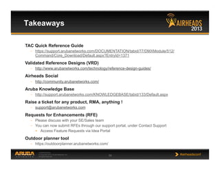 CONFIDENTIAL
© Copyright 2013. Aruba Networks, Inc.
All rights reserved 56 #airheadsconf
Takeaways
TAC Quick Reference Guide
–  https://support.arubanetworks.com/DOCUMENTATION/tabid/77/DMXModule/512/
Command/Core_Download/Default.aspx?EntryId=1371
Validated Reference Designs (VRD)
–  http://www.arubanetworks.com/technology/reference-design-guides/
Airheads Social
–  http://community.arubanetworks.com/
Aruba Knowledge Base
–  http://support.arubanetworks.com/KNOWLEDGEBASE/tabid/133/Default.aspx
Raise a ticket for any product, RMA, anything !
–  support@arubanetworks.com
Requests for Enhancements (RFE)
–  Please discuss with your SE/Sales team
–  You can now submit RFEs through our support portal, under Contact Support
•  Access Feature Requests via Idea Portal
Outdoor planner tool
–  https://outdoorplanner.arubanetworks.com/
 
