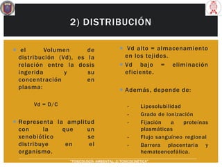 2) DISTRIBUCIÓN
 el Volumen de
distribución (Vd), es la
relación entre la dosis
ingerida y su
concentración en
plasma:
Vd = D/C
 Representa la amplitud
con la que un
xenobiótico se
distribuye en el
organismo.
 Vd alto = almacenamiento
en los tejidos.
 Vd bajo = eliminación
eficiente.
 Además, depende de:
- Liposolubilidad
- Grado de ionización
- Fijación a proteínas
plasmáticas
- Flujo sanguíneo regional
- Barrera placentaria y
hematoencefálica.
“TOXICOLOGÍA AMBIENTAL: 2) TOXICOCINÉTICA"
 
