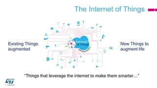 The Internet of Things 2 
New Things to 
augment life 
Existing Things 
augmented 
“Things that leverage the internet to make them smarter…” 
 