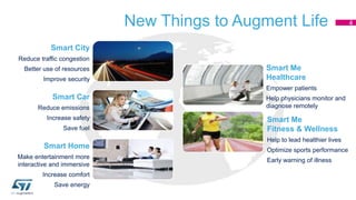 New Things to Augment Life 4 
Smart City 
Reduce traffic congestion 
Better use of resources 
Improve security 
Smart Car 
Reduce emissions 
Increase safety 
Save fuel 
Smart Me 
Fitness & Wellness 
Help to lead healthier lives 
Optimize sports performance 
Early warning of illness 
Smart Home 
Make entertainment more 
interactive and immersive 
Increase comfort 
Save energy 
Smart Me 
Healthcare 
Empower patients 
Help physicians monitor and 
diagnose remotely 
 