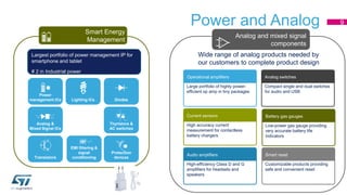 Power and Analog 9 
Analog and mixed signal 
components 
Wide range of analog products needed by 
our customers to complete product design 
Operational amplifiers 
Large portfolio of highly power-efficient 
op amp in tiny packages 
Current sensors 
High accuracy current 
measurement for contactless 
battery chargers 
Audio amplifiers 
High-efficiency Class D and G 
amplifiers for headsets and 
speakers 
Analog switches 
Compact single and dual switches 
for audio and USB 
Battery gas gauges 
Low-power gas gauge providing 
very accurate battery life 
indicators 
Smart reset 
Customizable products providing 
safe and convenient reset 
Smart Energy 
Management 
Largest portfolio of power management IP for 
smartphone and tablet 
Diodes 
Thyristors & 
AC switches 
# 2 in Industrial power 
Lighting ICs 
EMI filtering & 
signal 
conditioning 
Protection 
Power 
management ICs 
Analog & 
Mixed Signal ICs 
Transistors devices 
 