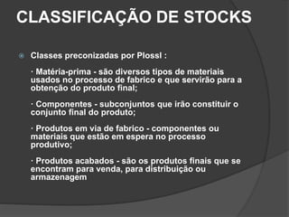CLASSIFICAÇÃO DE STOCKS
 Classes preconizadas por Plossl :
· Matéria-prima - são diversos tipos de materiais
usados no processo de fabrico e que servirão para a
obtenção do produto final;
· Componentes - subconjuntos que irão constituir o
conjunto final do produto;
· Produtos em via de fabrico - componentes ou
materiais que estão em espera no processo
produtivo;
· Produtos acabados - são os produtos finais que se
encontram para venda, para distribuição ou
armazenagem
 