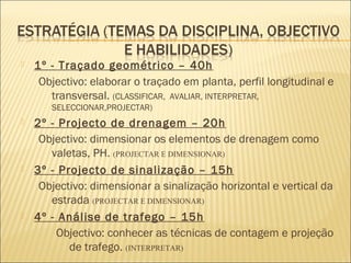  1º - Traçado geométrico – 40h
Objectivo: elaborar o traçado em planta, perfil longitudinal e
transversal. (CLASSIFICAR, AVALIAR, INTERPRETAR,
SELECCIONAR,PROJECTAR)
 2º - Projecto de drenagem – 20h
Objectivo: dimensionar os elementos de drenagem como
valetas, PH. (PROJECTAR E DIMENSIONAR)
 3º - Projecto de sinalização – 15h
Objectivo: dimensionar a sinalização horizontal e vertical da
estrada (PROJECTAR E DIMENSIONAR)
 4º - Análise de trafego – 15h
Objectivo: conhecer as técnicas de contagem e projeção
de trafego. (INTERPRETAR)
 