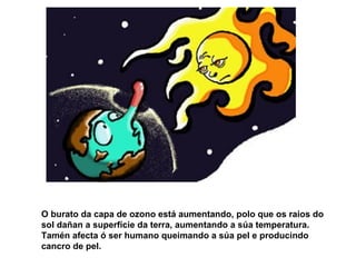 O burato da capa de ozono está aumentando, polo que os raios do sol dañan a superfície da terra, aumentando a súa temperatura. Tamén afecta ó ser humano queimando a súa pel e producindo cancro de pel. 