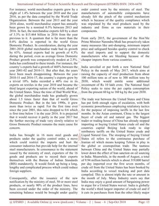 International Journal of Trend in Scientific Research and Development (IJTSRD) ISSN: 2456
@ IJTSRD | Available Online @ www.ijtsrd.com
For instance, world merchandise exports grew by a
slight of 1.4% between the year 2010 and the year
2016, as per the data compiled by the World Trade
Organization. Between the year 2013 and the year
2016 alone, world merchandise export
been grown by a nominal 0.5% between 2013 and
2016. In fact, the merchandise exports fell by a short
of 3.3% to $15.464 billion in 2016 from the year
previous to it. A quantum that is far more than the
0.4% decline is reported in the world Gr
Domestic Product. In consideration, during the year
2001-2010 global merchandise trade had its growth
by 63%. Annual exports had its growth of 4.3%
during the period, even as average Gross Domestic
Product growth was comparatively modest at 2.5%.
India has confirmed to these trends. For instance, the
country’s exports had a growth of 468% between the
year 2001-02 and 2010-11. But after that
have been much disappointing. Between the year
2010-11 and 2016-17, the country’s exports grew by
a trivial 10%. India recorded a 40% ris
exports on textiles in the year 2010 and became the
third largest exporting nation of the world, ahead of
the United States. Since the time of IInd
the global merchandise trade has gradually grown
about 1.5 times faster than that of world Gross
Domestic Product. But in the late 1990s, it grew
more than twice as rapid. For the first time ever
since the year 2001, this ratio dropped to 0.6 which
is first time below 1 in the year 2016. It is projected
that it would recover it partly in the year 2017 but
the further moving of trade very slowly relative to
Gross Domestic Product remains the main cause for
concern.
India has brought in 16 more steel goods and
products under the quality control order, a move
which could restrict the imports and hurt the
consumer industries but provide help for the internal
steel manufacturers. In consonance to the statement
issued by the ministry of steel, exporters of the 16
goods and products are to record their exports
themselves with the Bureau of Indian Standards
(BIS) mandatorily. It would finish up being a long,
lengthy and complicated process which could reduce
foreign suppliers.
Consequently, after the issuance of the new
notification by the ministry of steel, 50 or more
products, or nearly 90% of the product lines, have
been covered under the order of the ministry. The
remaining balance would be brought under quality
International Journal of Trend in Scientific Research and Development (IJTSRD) ISSN: 2456
www.ijtsrd.com | Volume – 2 | Issue – 6 | Sep-Oct
For instance, world merchandise exports grew by a
slight of 1.4% between the year 2010 and the year
2016, as per the data compiled by the World Trade
Organization. Between the year 2013 and the year
2016 alone, world merchandise export has annually
been grown by a nominal 0.5% between 2013 and
2016. In fact, the merchandise exports fell by a short
of 3.3% to $15.464 billion in 2016 from the year
previous to it. A quantum that is far more than the
0.4% decline is reported in the world Gross
Domestic Product. In consideration, during the year
2010 global merchandise trade had its growth
by 63%. Annual exports had its growth of 4.3%
during the period, even as average Gross Domestic
modest at 2.5%.
rmed to these trends. For instance, the
country’s exports had a growth of 468% between the
11. But after that, the years
have been much disappointing. Between the year
17, the country’s exports grew by
l 10%. India recorded a 40% rise in its
exports on textiles in the year 2010 and became the
third largest exporting nation of the world, ahead of
nd World War,
the global merchandise trade has gradually grown
1.5 times faster than that of world Gross
Domestic Product. But in the late 1990s, it grew
more than twice as rapid. For the first time ever
since the year 2001, this ratio dropped to 0.6 which
is first time below 1 in the year 2016. It is projected
it would recover it partly in the year 2017 but
the further moving of trade very slowly relative to
Gross Domestic Product remains the main cause for
India has brought in 16 more steel goods and
products under the quality control order, a move
ch could restrict the imports and hurt the
consumer industries but provide help for the internal
steel manufacturers. In consonance to the statement
issued by the ministry of steel, exporters of the 16
goods and products are to record their exports
ves with the Bureau of Indian Standards
(BIS) mandatorily. It would finish up being a long,
lengthy and complicated process which could reduce
after the issuance of the new
notification by the ministry of steel, 50 or more steel
products, or nearly 90% of the product lines, have
been covered under the order of the ministry. The
remaining balance would be brought under quality
order control soon by the ministry of steel. The
manufacturers of automobile components have
already felt the pinch of the control mechanism
which is because of the quality compliance which
was stipulated by the steel products used by the
industry and firms as raw materials in their
components.
From early 2015, the government of the Hon’ble
Prime Minister Narendra Modi has proactively taken
many measures like anti-dumping, minimum import
price and safeguard besides quality control to check
the steel imports and to support the domestic
manufacturers who are bleeding because of the
cheaper imports from various countries.
India unveiled or put forth a new National Steel
Policy in the month of May 2017, which aims at
raising the capacity of steel production from about
100 million tons as of now to 300 million
2030, which would entitle
investment of Rs 10 lakh crore. The National Steel
Policy seeks to raise the per capita consumption
from the present 60 kg to 160 kg by the year 2030.
The trade war between the United States and China
has put forth enough signs of escalation, with both
economic powerhouses employing retaliatory tactics
for the purpose of imposing tariffs in the last few
months. In the Asian continent, C
buyer of crude oil and natural gas. The biggest
trader or trading house of China has already stopped
importing or buying United States crude oil and the
countries capital Beijing look ready to slap
retributory tariffs on the United States crude and
Liquid Natural Gas. The stooping of buying United
States oil refers to the continuous purchase of
Iranian oil which means keeping Tehran in play in
the global or cosmopolitan trade.
between China and the United States may partially
lower down the effect of Iran sanction on oil sourcing
to India. Meanwhile, in the mon
of 9.94 million barrels which is about 319,000 barrel
per day imported over the first seven months, of
crude oil from the United States has been booked by
India according to vessel tracking and port data
compiled. This is almost tripl
the month of July. Many Industry users
India may enjoy a good amount of bargaining power
to argue for a United States waiver. India is globally
the world’s third largest importer of crude oil and if
it cuts its purchases from Iran the other likely major
International Journal of Trend in Scientific Research and Development (IJTSRD) ISSN: 2456-6470
2018 Page: 13
order control soon by the ministry of steel. The
manufacturers of automobile components have
felt the pinch of the control mechanism
which is because of the quality compliance which
was stipulated by the steel products used by the
industry and firms as raw materials in their
early 2015, the government of the Hon’ble
r Narendra Modi has proactively taken
dumping, minimum import
price and safeguard besides quality control to check
the steel imports and to support the domestic
manufacturers who are bleeding because of the
ous countries.
India unveiled or put forth a new National Steel
Policy in the month of May 2017, which aims at
raising the capacity of steel production from about
100 million tons as of now to 300 million tons by
2030, which would entitle some additional
crore. The National Steel
Policy seeks to raise the per capita consumption
from the present 60 kg to 160 kg by the year 2030.
United States and China
has put forth enough signs of escalation, with both
omic powerhouses employing retaliatory tactics
for the purpose of imposing tariffs in the last few
onths. In the Asian continent, China is the largest
buyer of crude oil and natural gas. The biggest
trader or trading house of China has already stopped
orting or buying United States crude oil and the
countries capital Beijing look ready to slap
retributory tariffs on the United States crude and
Liquid Natural Gas. The stooping of buying United
continuous purchase of
Iranian oil which means keeping Tehran in play in
the global or cosmopolitan trade. The tautness
United States may partially
lower down the effect of Iran sanction on oil sourcing
, in the month of August, a total
of 9.94 million barrels which is about 319,000 barrel
per day imported over the first seven months, of
crude oil from the United States has been booked by
India according to vessel tracking and port data
compiled. This is almost triple the rate or amount in
the month of July. Many Industry users say that
India may enjoy a good amount of bargaining power
to argue for a United States waiver. India is globally
the world’s third largest importer of crude oil and if
om Iran the other likely major
 