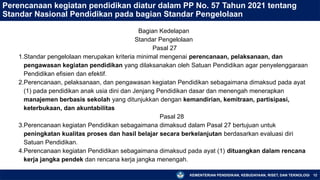 KEMENTERIAN PENDIDIKAN, KEBUDAYAAN, RISET, DAN TEKNOLOGI 12
Perencanaan kegiatan pendidikan diatur dalam PP No. 57 Tahun 2021 tentang
Standar Nasional Pendidikan pada bagian Standar Pengelolaan
Bagian Kedelapan
Standar Pengelolaan
Pasal 27
1.Standar pengelolaan merupakan kriteria minimal mengenai perencanaan, pelaksanaan, dan
pengawasan kegiatan pendidikan yang dilaksanakan oleh Satuan Pendidikan agar penyelenggaraan
Pendidikan efisien dan efektif.
2.Perencanaan, pelaksanaan, dan pengawasan kegiatan Pendidikan sebagaimana dimaksud pada ayat
(1) pada pendidikan anak usia dini dan Jenjang Pendidikan dasar dan menengah menerapkan
manajemen berbasis sekolah yang ditunjukkan dengan kemandirian, kemitraan, partisipasi,
keterbukaan, dan akuntabilitas
Pasal 28
3.Perencanaan kegiatan Pendidikan sebagaimana dimaksud dalam Pasal 27 bertujuan untuk
peningkatan kualitas proses dan hasil belajar secara berkelanjutan berdasarkan evaluasi diri
Satuan Pendidikan.
4.Perencanaan kegiatan Pendidikan sebagaimana dimaksud pada ayat (1) dituangkan dalam rencana
kerja jangka pendek dan rencana kerja jangka menengah.
 