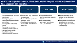 KEMENTERIAN PENDIDIKAN, KEBUDAYAAN, RISET, DAN TEKNOLOGI 13
●Kurang memahami indikator
pendidikan
●Kurang kompeten
menganalisis permasalahan
pendidikan
●Solusi perbaikan bersifat
parsial
●Lemahnya kemampuan
dalam melakukan supervisi
●Kegiatan perencanaan
bersifat formalitas
●Pergantian/rotasi pimpinan
●Data kurang valid dan belum
dimutakhirkan
●Sumber data beragam dan
tumpang tindih
●Keterbatasan akses pada
sumber data dan informasi
yang utuh
●Tergantung bantuan
pemerintah pusat / transfer
daerah
●Belum melibatkan
pemangku kepentingan
untuk akuntabilitas
●Kebijakan daerah belum
selaras dengan kebijakan
pusat
●Mengakomodir kepentingan
yang belum tentu sesuai
dengan target dan sasaran
perencanaan
Permasalahan perencanaan di pemerintah daerah meliputi Sumber Daya Manusia,
data, anggaran dan kebijakan
 