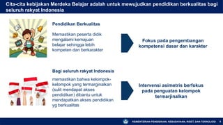 KEMENTERIAN PENDIDIKAN, KEBUDAYAAN, RISET, DAN TEKNOLOGI
Cita-cita kebijakan Merdeka Belajar adalah untuk mewujudkan pendidikan berkualitas bagi
seluruh rakyat Indonesia
6
Pendidikan Berkualitas
Memastikan peserta didik
mengalami kemajuan
belajar sehingga lebih
kompeten dan berkarakter
Fokus pada pengembangan
kompetensi dasar dan karakter
Bagi seluruh rakyat Indonesia
memastikan bahwa kelompok-
kelompok yang termarginalkan
(sulit mendapat akses
pendidikan) dibantu untuk
mendapatkan akses pendidikan
yg berkualitas
Intervensi asimetris berfokus
pada penguatan kelompok
termarjinalkan
 