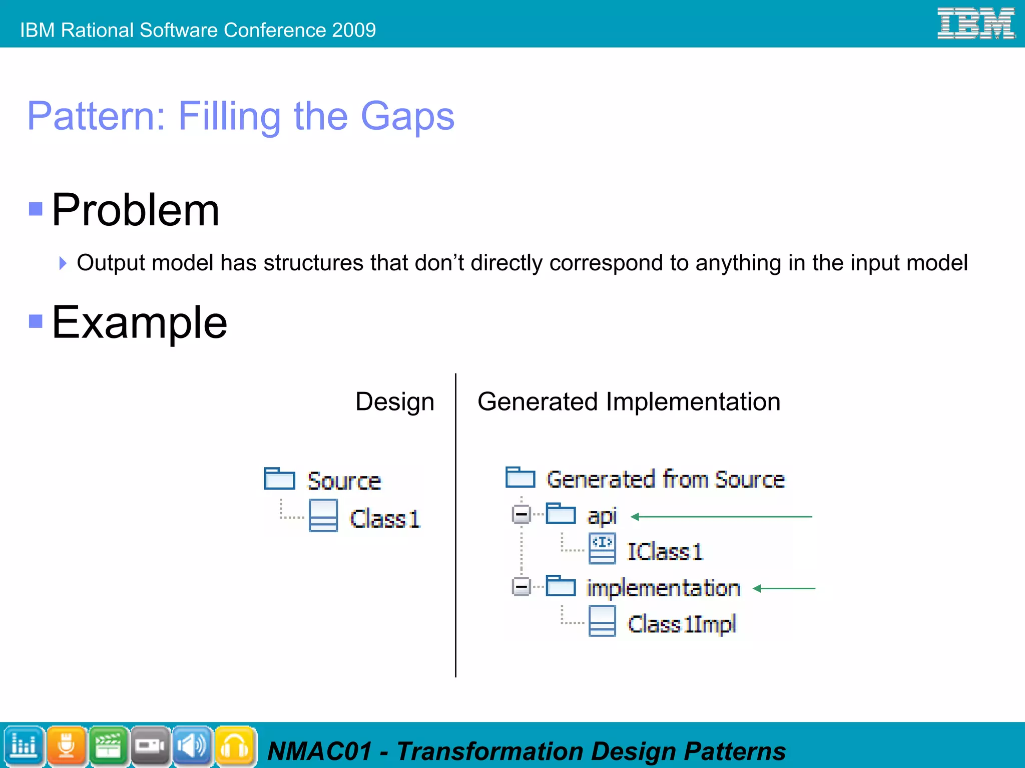 IBM Rational Software Conference 2009



Pattern: Filling the Gaps

   Problem
     Output model has structures that don’t directly correspond to anything in the input model

   Example
                                  Design    Generated Implementation




                         NMAC01 - Transformation Design Patterns
 