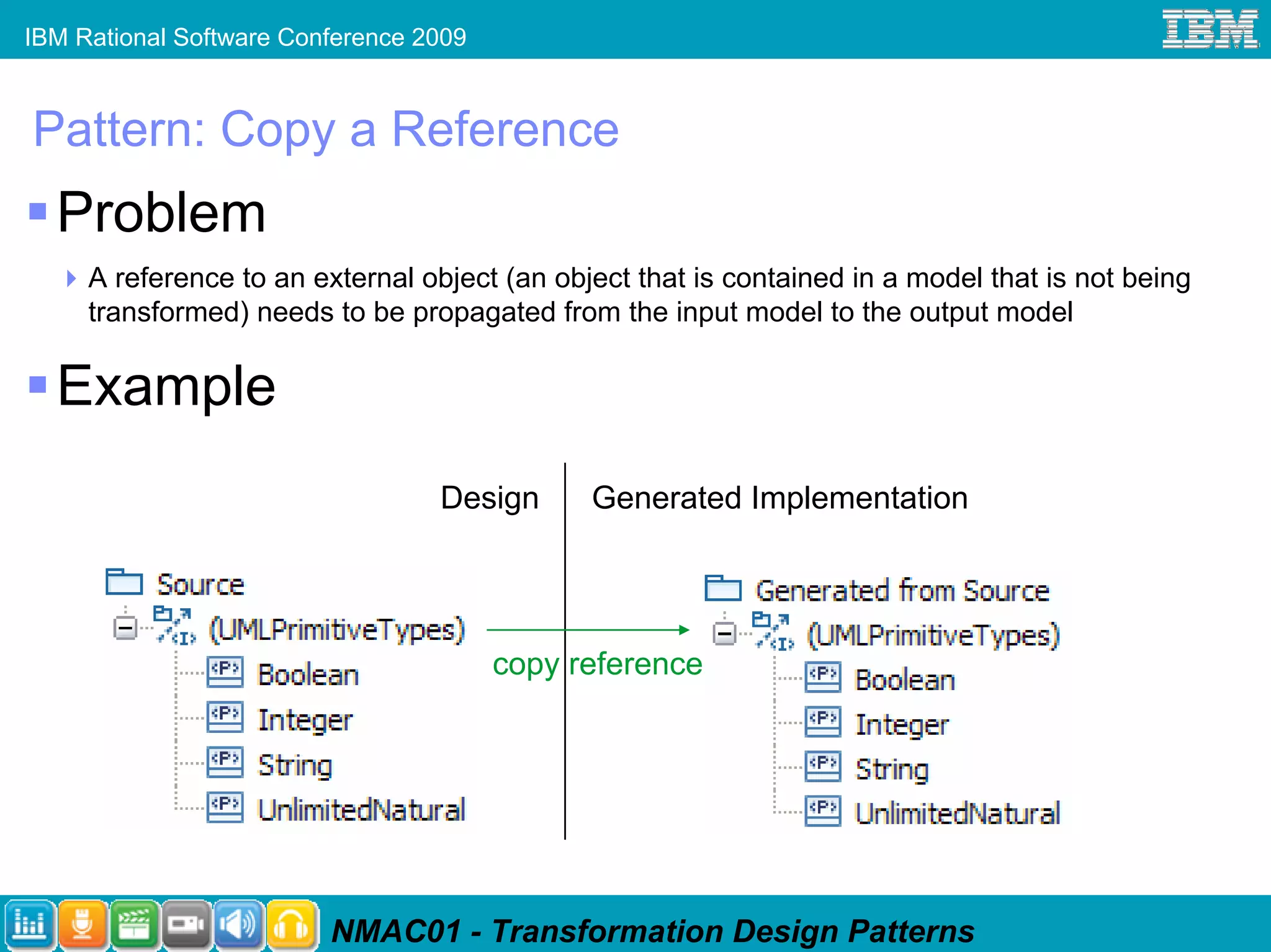 IBM Rational Software Conference 2009



Pattern: Copy a Reference
  Problem
     A reference to an external object (an object that is contained in a model that is not being
     transformed) needs to be propagated from the input model to the output model

  Example
                                  Design      Generated Implementation




                                        copy reference




                         NMAC01 - Transformation Design Patterns
 
