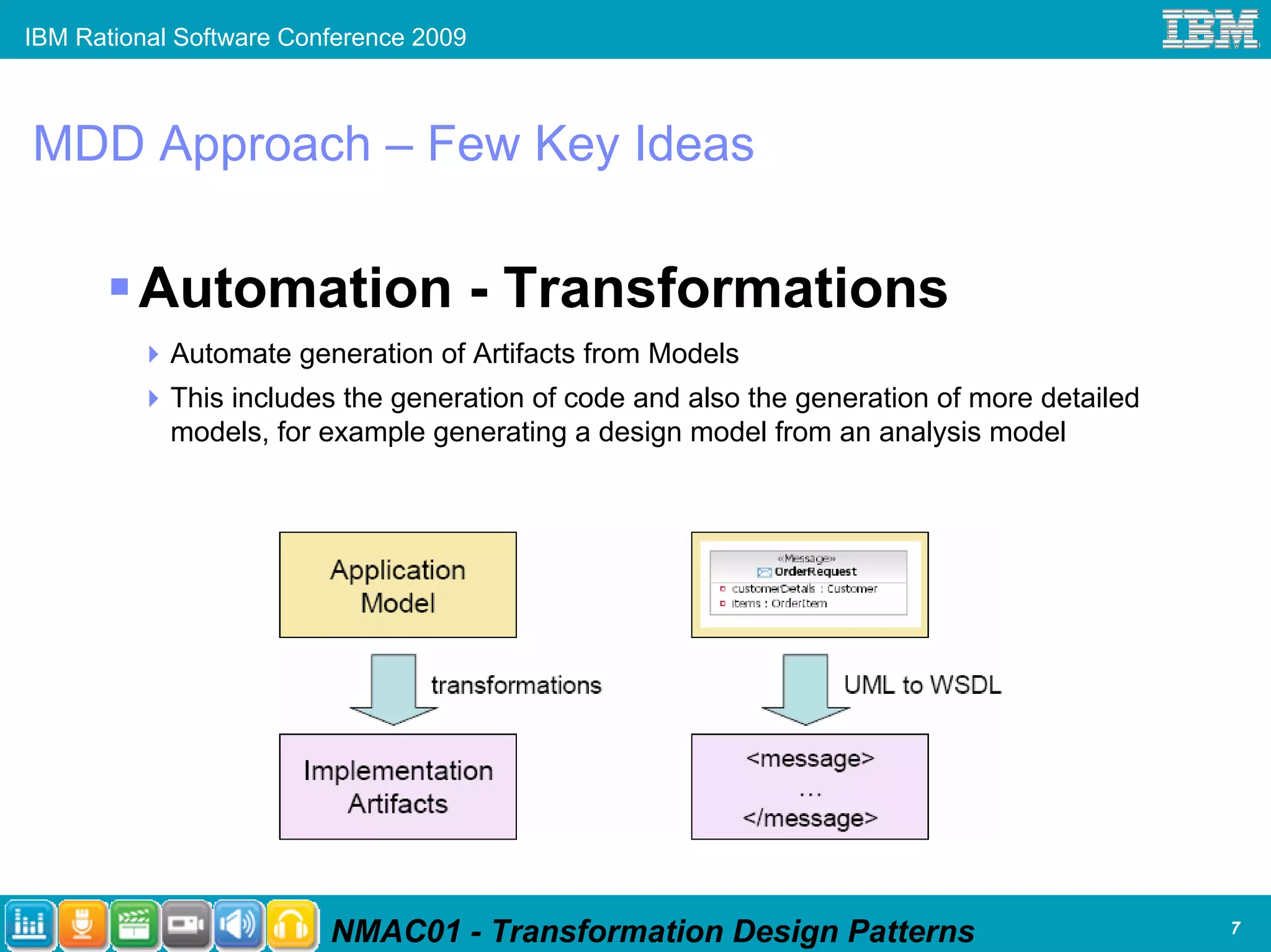 IBM Rational Software Conference 2009



MDD Approach – Few Key Ideas

         Automation - Transformations
            Automate generation of Artifacts from Models
            This includes the generation of code and also the generation of more detailed
            models, for example generating a design model from an analysis model




                         NMAC01 - Transformation Design Patterns                            7
 