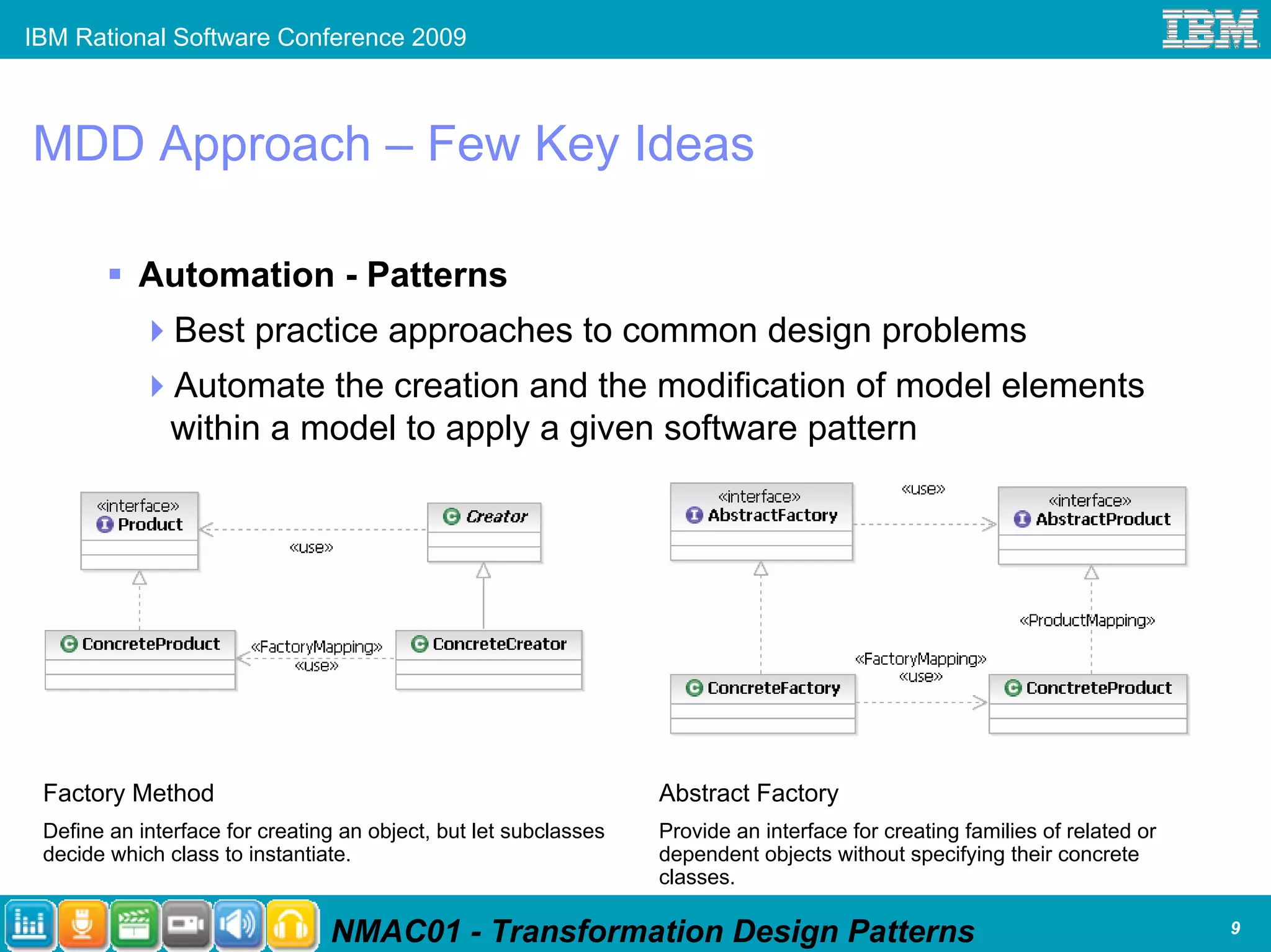 IBM Rational Software Conference 2009



MDD Approach – Few Key Ideas

           Automation - Patterns
               Best practice approaches to common design problems
               Automate the creation and the modification of model elements
               within a model to apply a given software pattern




 Factory Method                                                   Abstract Factory
 Define an interface for creating an object, but let subclasses   Provide an interface for creating families of related or
 decide which class to instantiate.                               dependent objects without specifying their concrete
                                                                  classes.

                                NMAC01 - Transformation Design Patterns                                                      9
 