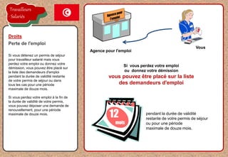 la proposition de l'employeur est acceptée
Si vous détenez un permis de séjour
pour travailleur salarié mais vous
perdez votre emploi ou donnez votre
démission, vous pouvez être placé sur
la liste des demandeurs d'emploi
pendant la durée de validité restante
de votre permis de séjour ou dans
tous les cas pour une période
maximale de douze mois.
Si vous perdez votre emploi à la fin de
la durée de validité de votre permis,
vous pouvez déposer une demande de
renouvellement, pour une période
maximale de douze mois.
Droits
Perte de l'emploi
Vous
pendant la durée de validité
restante de votre permis de séjour
ou pour une période
maximale de douze mois.
Agence pour l'emploi
12
mois
Si vous perdez votre emploi
ou donnez votre démission
vous pouvez être placé sur la liste
des demandeurs d'emploi
Travailleurs
Salariés
 