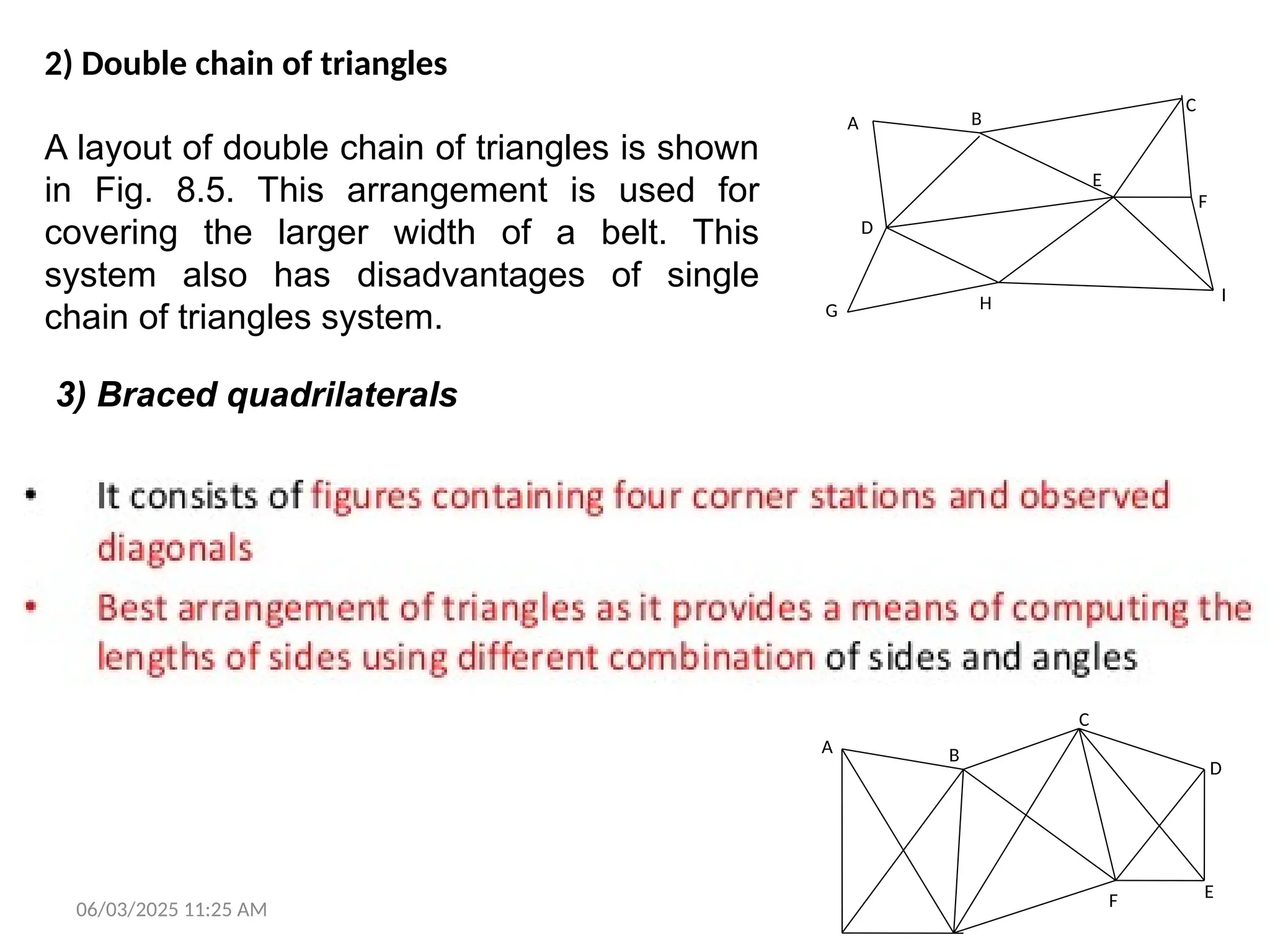 06/03/2025 11:25 AM
A B
D
C
F
I
G H
E
2) Double chain of triangles
A layout of double chain of triangles is shown
in Fig. 8.5. This arrangement is used for
covering the larger width of a belt. This
system also has disadvantages of single
chain of triangles system.
A
D
E
B
C
F
3) Braced quadrilaterals
 