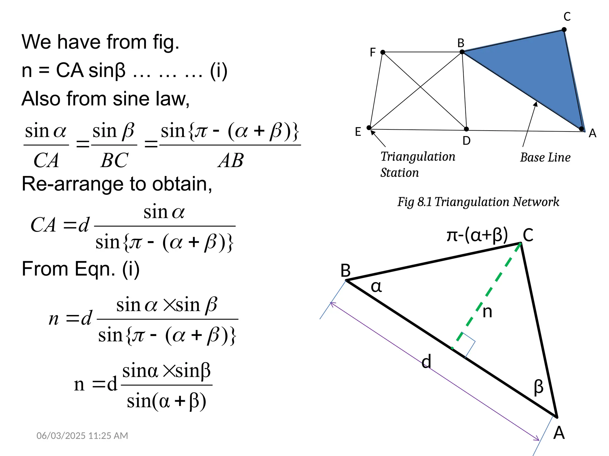 06/03/2025 11:25 AM
We have from fig.
n = CA sinβ … … … (i)
Also from sine law,
Re-arrange to obtain,
From Eqn. (i)
Base Line
Triangulation
Station
Fig 8.1 Triangulation Network
E
D
A
F
B
C
A
B
C
d
n
α
β
π-(α+β)
AB
BC
CA
)}
(
sin{
sin
sin 



 



)}
(
sin{
sin






d
CA
)}
(
sin{
sin
sin








d
n
β)
sin(α
sinβ
sinα
d
n



 