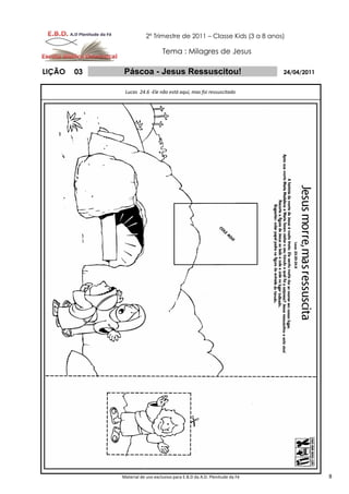 2º Trimestre de 2011 – Classe Kids (3 a 8 anos)

                                 Tema : Milagres de Jesus

LIÇÃO   03    Páscoa - Jesus Ressuscitou!                                   24/04/2011


              Lucas 24.6 -Ele não está aqui, mas foi ressuscitado




             Material de uso exclusivo para E.B.D da A.D. Plenitude da Fé                8
 
