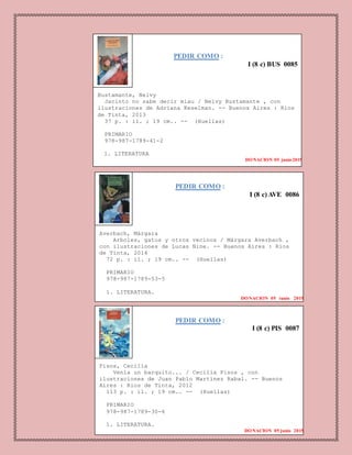 PEDIR COMO :
I (8 c) BUS 0085
Bustamante, Nelvy
Jacinto no sabe decir miau / Nelvy Bustamante , con
ilustraciones de Adriana Keselman. -- Buenos Aires : Rios
de Tinta, 2013
37 p. : il. ; 19 cm.. -- (Huellas)
PRIMARIO
978-987-1789-41-2
1. LITERATURA
DONACION 05 junio2015
PEDIR COMO :
I (8 c) AVE 0086
Averbach, Márgara
Arboles, gatos y otros vecinos / Márgara Averbach ,
con ilustraciones de Lucas Nine. -- Buenos Aires : Rios
de Tinta, 2014
72 p. : il. ; 19 cm.. -- (Huellas)
PRIMARIO
978-987-1789-53-5
1. LITERATURA.
DONACION 05 junio 2015
PEDIR COMO :
I (8 c) PIS 0087
Pisos, Cecilia
Venía un barquito... / Cecilia Pisos , con
ilustraciones de Juan Pablo Martínez Rabal. -- Buenos
Aires : Rios de Tinta, 2012
113 p. : il. ; 19 cm.. -- (Huellas)
PRIMARIO
978-987-1789-30-6
1. LITERATURA.
DONACION 05 junio 2015
 