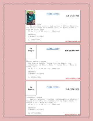 PEDIR COMO :
I (8 c) ITZ 0090
Itzcovich, Susana
Sabios y pícaros : cuentos tradicionales de abuelos /
Susana Itzcovich , con ilustraciones de Raquel Cané. --
Buenos Aires : Rios de Tinta, 2011
49 p. : il. ; 19 cm.. -- (Huellas)
PRIMARIO
978-987-1789-19-1
1. LITERATURA.
DONACION 05 junio 2015
PEDIR COMO :
I (8 c) CIN 0088
Cinetto, Liliana
El espantoso monstruo del pantano / Liliana Cinetto ,
con ilustraciones de Anabella López. -- Buenos Aires :
Rios de Tinta, 2013
59 p. : il. ; 19 cm.. -- (Huellas)
PRIMARIO
978-987-1789-04-7
1. LITERATURA.
DONACION 05junio 2015
DONACION 10 abril 2015
PEDIR COMO :
I (8 c) RAM 0089
Ramos, María Cristina
Los días de Guille / María Cristina Ramos , con
ilustraciones de Alberto Pez. -- Buenos Aires : Rios de
Tinta, 2012
59 p. : il. ; 19 cm.. -- (Huellas)
PRIMARIO
978-987-1789-31-3
1. LITERATURA.
DONACION 05junio 2015
sin
imagen
sin
imagen
 