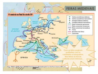 FEIRAS MEDIEVAIS
Com as feira surgiram
profissões coo os
cambistas e banqueiros.
Nas feiras as trocas
culturais eram intensas...
 