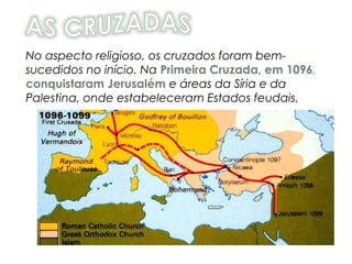 No aspecto religioso, os cruzados foram bem-
sucedidos no início. Na Primeira Cruzada, em 1096,
conquistaram Jerusalém e áreas da Síria e da
Palestina, onde estabeleceram Estados feudais.
 