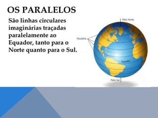 OS PARALELOS
São linhas circulares
imaginárias traçadas
paralelamente ao
Equador, tanto para o
Norte quanto para o Sul.
 