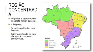REGIÃO
CONCENTRAD
A
 Proposta elaborada pelo
geógrafo Milton Santos;
 4 Regiões;
 Respeita os limites dos
Estados;
 Critério utilizado na sua
elaboração: aspectos
econômicos.
 