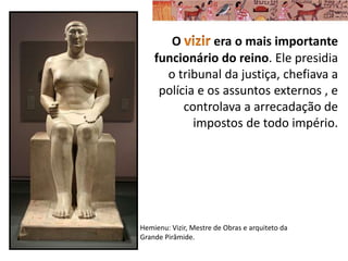 O era o mais importante
funcionário do reino. Ele presidia
o tribunal da justiça, chefiava a
polícia e os assuntos externos , e
controlava a arrecadação de
impostos de todo império.
Hemienu: Vizir, Mestre de Obras e arquiteto da
Grande Pirâmide.
 