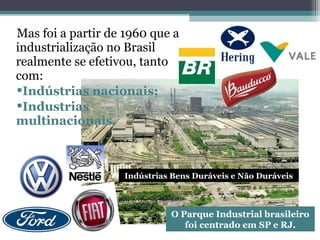 Mas foi a partir de 1960 que a
industrialização no Brasil
realmente se efetivou, tanto
com:
Indústrias nacionais;
Industrias
multinacionais.
O Parque Industrial brasileiro
foi centrado em SP e RJ.
Indústrias Bens Duráveis e Não Duráveis
 