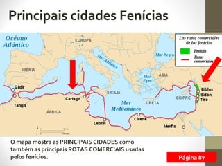 Principais cidades Fenícias
O mapa mostra as PRINCIPAIS CIDADES como
também as principais ROTAS COMERCIAIS usadas
pelos fenícios. Página 87
 