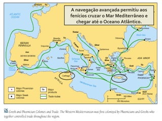 A navegação avançada permitiu aos
fenícios cruzar o Mar Mediterrâneo e
chegar até o Oceano Atlântico.
 