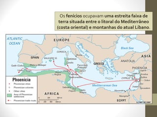 Os fenícios ocupavam uma estreita faixa de
terra situada entre o litoral do Mediterrâneo
(costa oriental) e montanhas do atual Líbano.
 