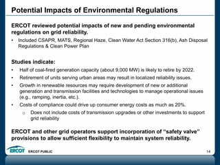 ERCOT PUBLIC 14
Potential Impacts of Environmental Regulations
ERCOT reviewed potential impacts of new and pending environmental
regulations on grid reliability.
• Included CSAPR, MATS, Regional Haze, Clean Water Act Section 316(b), Ash Disposal
Regulations & Clean Power Plan
Studies indicate:
• Half of coal-fired generation capacity (about 9,000 MW) is likely to retire by 2022.
• Retirement of units serving urban areas may result in localized reliability issues.
• Growth in renewable resources may require development of new or additional
generation and transmission facilities and technologies to manage operational issues
(e.g., ramping, inertia, etc.).
• Costs of compliance could drive up consumer energy costs as much as 20%.
o Does not include costs of transmission upgrades or other investments to support
grid reliability
ERCOT and other grid operators support incorporation of “safety valve”
provisions to allow sufficient flexibility to maintain system reliability.
 