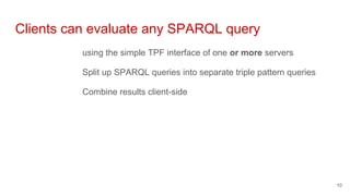 Clients can evaluate any SPARQL query
using the simple TPF interface of one or more servers
Split up SPARQL queries into separate triple pattern queries
Combine results client-side
10
 