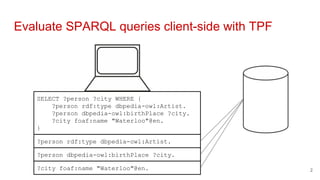 Evaluate SPARQL queries client-side with TPF
SELECT ?person ?city WHERE {
?person rdf:type dbpedia-owl:Artist.
?person dbpedia-owl:birthPlace ?city.
?city foaf:name "Waterloo"@en.
}
?person rdf:type dbpedia-owl:Artist.
?person dbpedia-owl:birthPlace ?city.
?city foaf:name "Waterloo"@en. 2
 