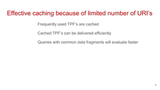 Effective caching because of limited number of URI’s
Frequently used TPF’s are cached
Cached TPF’s can be delivered efficiently
Queries with common data fragments will evaluate faster
6
 