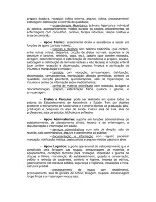 preparo doadora, recepção coleta externa, arquivo, coleta, processamento/
estocagem/ distribuição e controle de qualidade;
− oxigenoterapia Hiperbárica (câmara hiperbárica individual
ou coletiva, acompanhamento médico durante as seções, procedimentos de
enfermagem) com consultório, curativo, terapia individual, terapia coletiva e
área de comando.
− Apoio Técnico: atendimento direto a assistência à saúde em
funções de apoio (contato indireto).
− nutrição e dietética com cozinha tradicional (que contém,
entre outras coisas, despensa, cocção de dietas normais, especiais e de
desjejum e lanches, refeitório, copa, etc.), lactário (que contém recepção,
lavagem, descontaminação e esterilização de mamadeiras e preparo, envase,
estocagem e distribuição de formulas lácteas e não lácteas) e nutrição enteral
(que contém recepção e dispensação, preparo, limpeza e sanitização de
insumos e manipulação e envase);
− farmácia com recepção, armazenagem, distribuição,
dispensação, farmacotécnica, manipulação, diluição germicidas, controle de
qualidade, nutrição parenteral, quimioterápicos, sala de higienização de
insumos e centro de informação sobre medicamentos;
− central de material esterilizado com recepção, lavagem e
descontaminação, preparo, esterilização física, química e gasosa, e
armazenagem.
− Ensino e Pesquisa: pode ser realizada em quase todos os
setores do Estabelecimento de Assistência a Saúde. Tem por objetivo
promover o treinamento de funcionários e o ensino técnico de graduação, pós-
graduação e pesquisas na área de saúde. Possui sala de aula, sala de
professores, sala de estudos, biblioteca e anfiteatro.
− Apoio Administrativo: suporte em funções administrativas do
estabelecimento, de planejamento clínico, técnico e de enfermagem, e
documentação e informação em saúde.
− serviços administrativos com sala de direção, sala de
reunião, sala administrativa, arquivo e atendimento ao público;
− documentação e informação com registro paciente/
marcação, notificação médica, posto policial e arquivo médico passivo e ativo.
− Apoio Logístico: suporte operacional do estabelecimento que é
constituído pela lavagem das roupas, armazenagem de materiais e
equipamentos, condições técnicas para revelação, impressão e guarda de
chapas e filmes, manutenção do estabelecimento, guarda e conservação,
velório e retirada de cadáveres, conforto e higiene, limpeza do edifício,
gerenciamento dos resíduos sólidos, segurança e vigilância, instalações e infra-
estrutura predial.
− processamento de roupa com recebimento,
processamento, sala de gerador de ozônio, lavagem, rouparia, armazenagem
roupa limpa e armazenagem roupa suja;
 