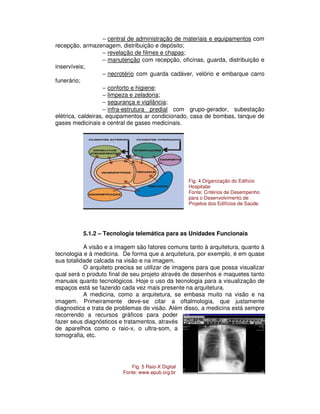 − central de administração de materiais e equipamentos com
recepção, armazenagem, distribuição e depósito;
− revelação de filmes e chapas;
− manutenção com recepção, oficinas, guarda, distribuição e
inservíveis;
− necrotério com guarda cadáver, velório e embarque carro
funerário;
− conforto e higiene;
− limpeza e zeladoria;
− segurança e vigilância;
− infra-estrutura predial com grupo-gerador, subestação
elétrica, caldeiras, equipamentos ar condicionado, casa de bombas, tanque de
gases medicinais e central de gases medicinais.
5.1.2 – Tecnologia telemática para as Unidades Funcionais
A visão e a imagem são fatores comuns tanto à arquitetura, quanto à
tecnologia e à medicina. De forma que a arquitetura, por exemplo, é em quase
sua totalidade calcada na visão e na imagem.
O arquiteto precisa se utilizar de imagens para que possa visualizar
qual será o produto final de seu projeto através de desenhos e maquetes tanto
manuais quanto tecnológicos. Hoje o uso da tecnologia para a visualização de
espaços está se fazendo cada vez mais presente na arquitetura.
A medicina, como a arquitetura, se embasa muito na visão e na
imagem. Primeiramente deve-se citar a oftalmologia, que justamente
diagnostica e trata de problemas de visão. Além disso, a medicina está sempre
recorrendo a recursos gráficos para poder
fazer seus diagnósticos e tratamentos, através
de aparelhos como o raio-x, o ultra-som, a
tomografia, etc.
Fig. 4 Organização do Edifício
Hospitalar
Fonte: Critérios de Desempenho
para o Desenvolvimento de
Projetos dos Edifícios de Saúde
Fig. 5 Raio-X Digital
Fonte: www.epub.org.br
 