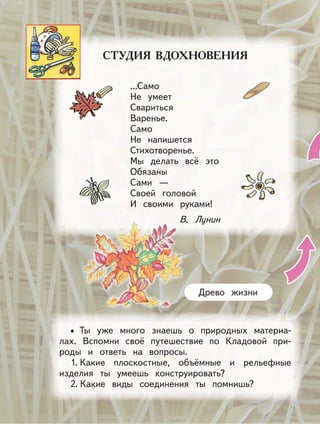 Древо жизни
Ты уже много знаешь о природных материа-
лах. Вспомни своё путешествие по Кладовой при-
роды и ответь на вопросы.
1. Какие плоскостные, объёмные и рельефные
изделия ты умеешь конструировать?
2. Какие виды соединения ты помнишь?
•
...Само
Не умеет
Свариться
Варенье.
Само
Не напишется
Стихотворенье.
Мы делать всё это
Обязаны
Сами —
Своей головой
И своими руками!
В. Лунин
 
