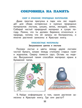 52
СБОР И ХРАНЕНИЕ ПРИРОДНЫХ МАТЕРИАЛОВ
Даже простая прогулка в парк или лес подой-
дёт для сбора интересных и нужных природных
материалов: листьев, шишек, веток, желудей, семян.
Собирай чистый природный материал в сухую по-
году. Помни, что ты должен бережно относиться к
природе, потому что её запасы не безграничны, и
многие растения занесены в Красную книгу.
ПЛОСКОСТНЫЕ МАТЕРИАЛЫ
Засушивание цветов и листьев
Положи листья и цветы между двумя листами
чистой бумаги, вложи между стопками старых газет
и журналов. Сверху помести груз. Оставь на неде-
лю. Высушенный таким способом материал храни в
бумажной папке.
1. Найди информацию о том, какие растения за-
несены в Красную книгу. Где они растут?
 