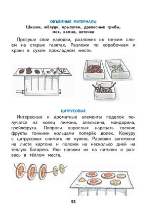 53
ОБЪЁМНЫЕ МАТЕРИАЛЫ
Шишки, жёлуди, крылатки, древесные грибы,
мох, камни, веточки
Просуши свои находки, разложив их тонким сло-
ем на старых газетах. Разложи по коробочкам и
храни в сухом прохладном месте.
ЦИТРУСОВЫЕ
Интересные и ароматные элементы поделок по-
лучатся из колец лимона, апельсина, мандарина,
грейпфрута. Попроси взрослых нарезать свежие
фрукты тонкими кольцами поперёк долек. Кожуру
с цитрусовых снимать не нужно. Разложи заготовки
на листе картона и положи на несколько дней на
тёплую батарею. Или нанижи их на ниточки и раз-
весь в тёплом месте.
 