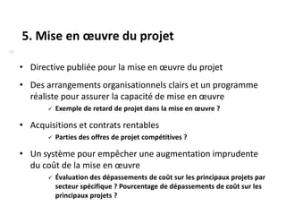 5. Mise en œuvre du projet
10


     • Directive publiée pour la mise en œuvre du projet
     • Des arrangements organisationnels clairs et un programme
       réaliste pour assurer la capacité de mise en œuvre
               Exemple de retard de projet dans la mise en œuvre ?

     • Acquisitions et contrats rentables
               Parties des offres de projet compétitives ?

     • Un système pour empêcher une augmentation imprudente
       du coût de la mise en œuvre
               Évaluation des dépassements de coût sur les principaux projets par
                secteur spécifique ? Pourcentage de dépassements de coût sur les
                principaux projets ?
 
